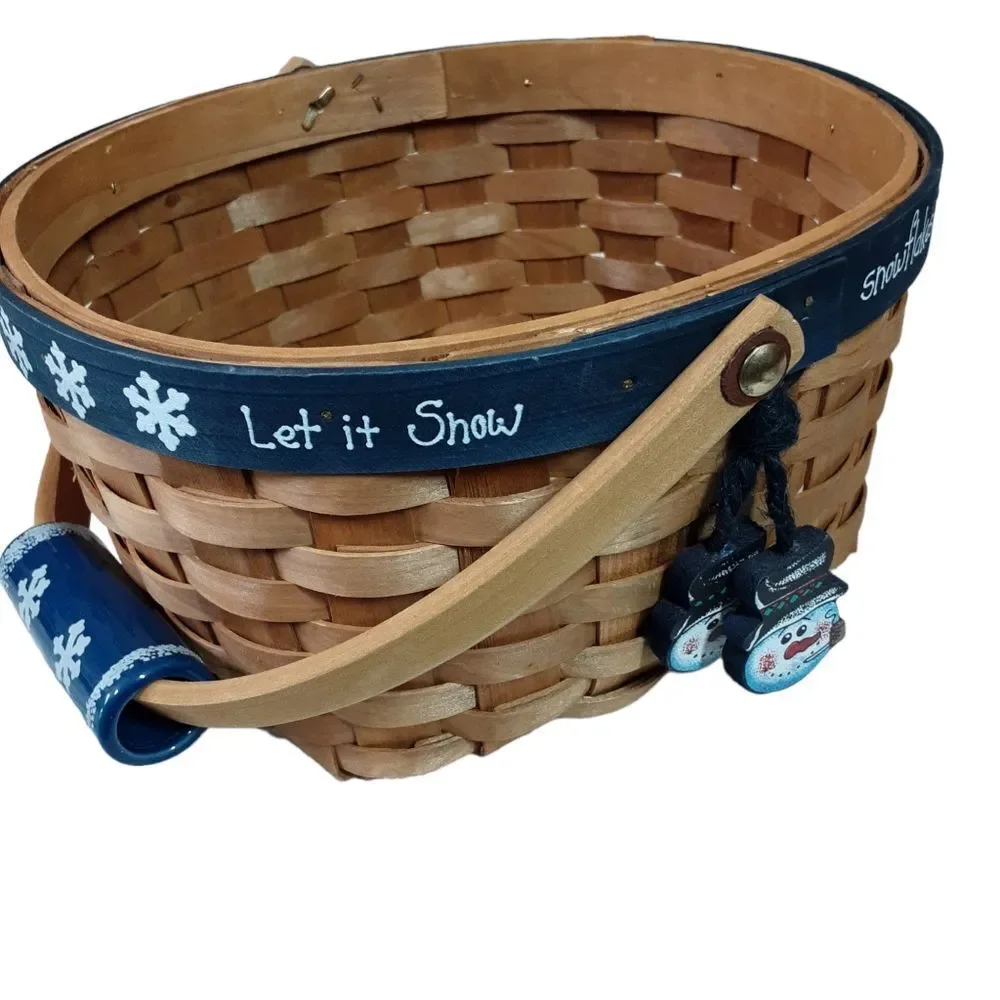 Christmas Wicker Basket With Ceramic Handle Painted Triand Snowmen Ornaments 10